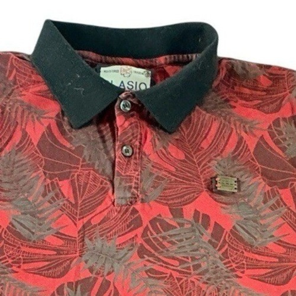 Plasio Polo Shirt Mens Medium‎ Red Tropical Palm Leaf Print Short Sleeve Cotton